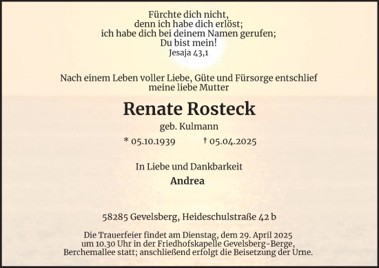 Traueranzeige von Renate Rosteck von Tageszeitung