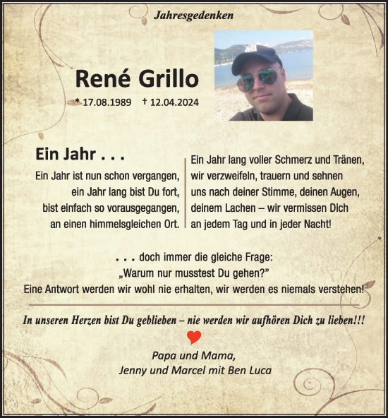 Traueranzeige von Rene Grillo von Tageszeitung