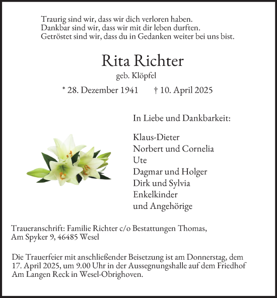 Traueranzeige von Rita Richter von Tageszeitung