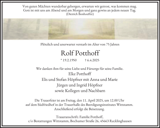 Traueranzeige von Rolf Potthoff von Tageszeitung