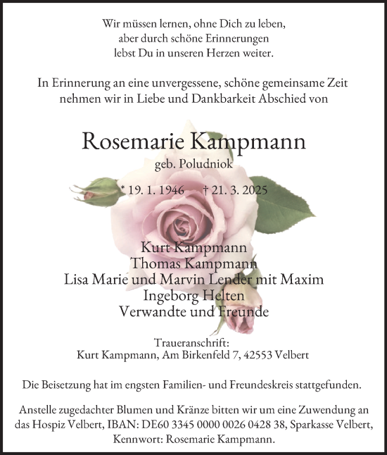 Traueranzeige von Rosemarie Kampmann von Tageszeitung