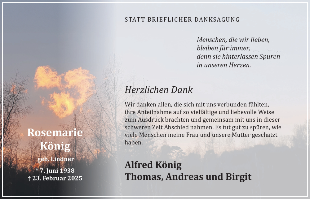  Traueranzeige für Rosemarie König vom 19.04.2025 aus Tageszeitung