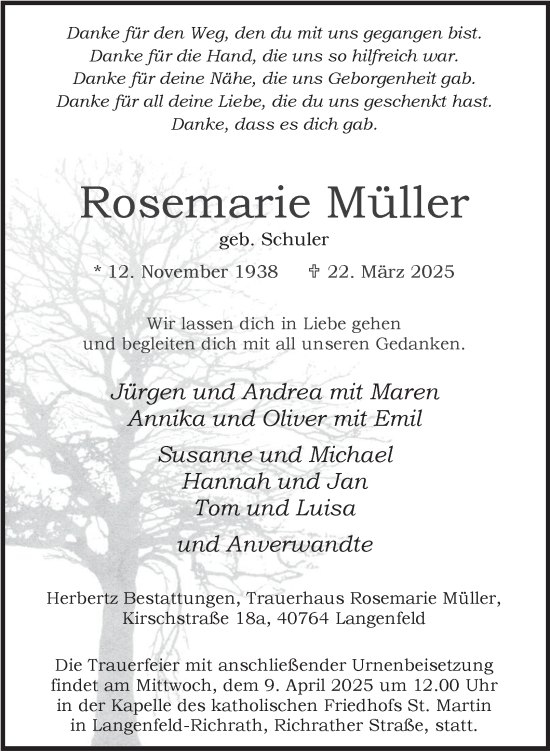 Traueranzeige von Rosemarie Müller von Tageszeitung