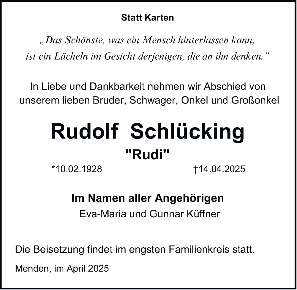  Traueranzeige für Rudolf Schlücking vom 26.04.2025 aus Tageszeitung