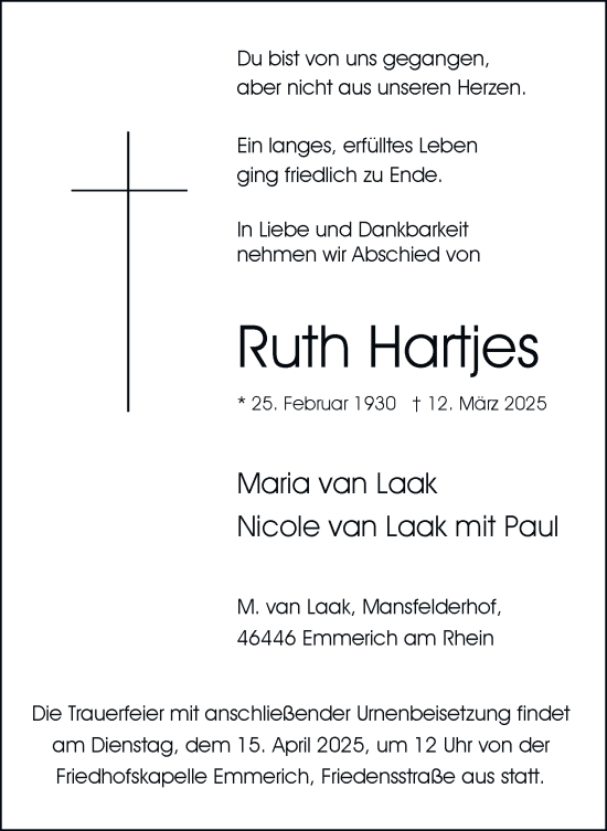 Traueranzeige von Ruth Hartjes von Tageszeitung