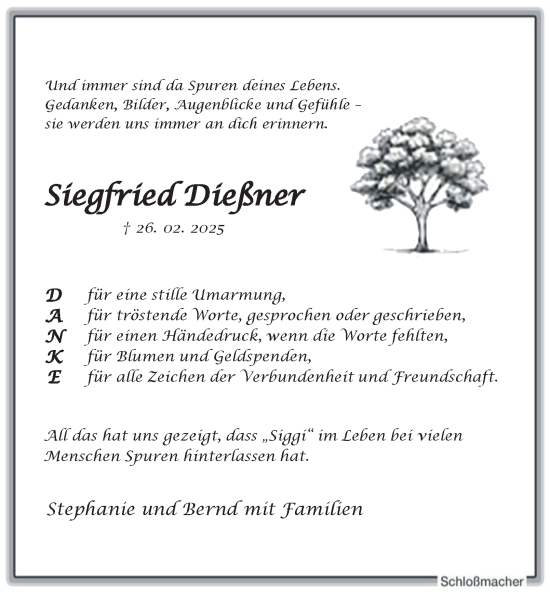 Traueranzeige von Siegfried Dießner von Tageszeitung