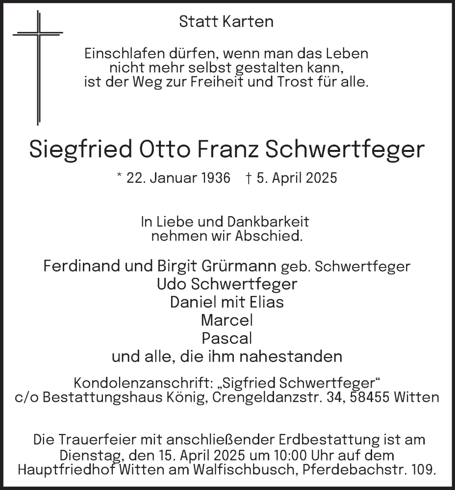  Traueranzeige für Siegfried Otto Franz Schwertfeger vom 10.04.2025 aus Tageszeitung
