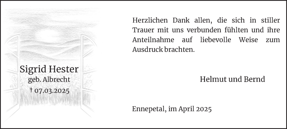  Traueranzeige für Sigrid Hester vom 26.04.2025 aus Tageszeitung