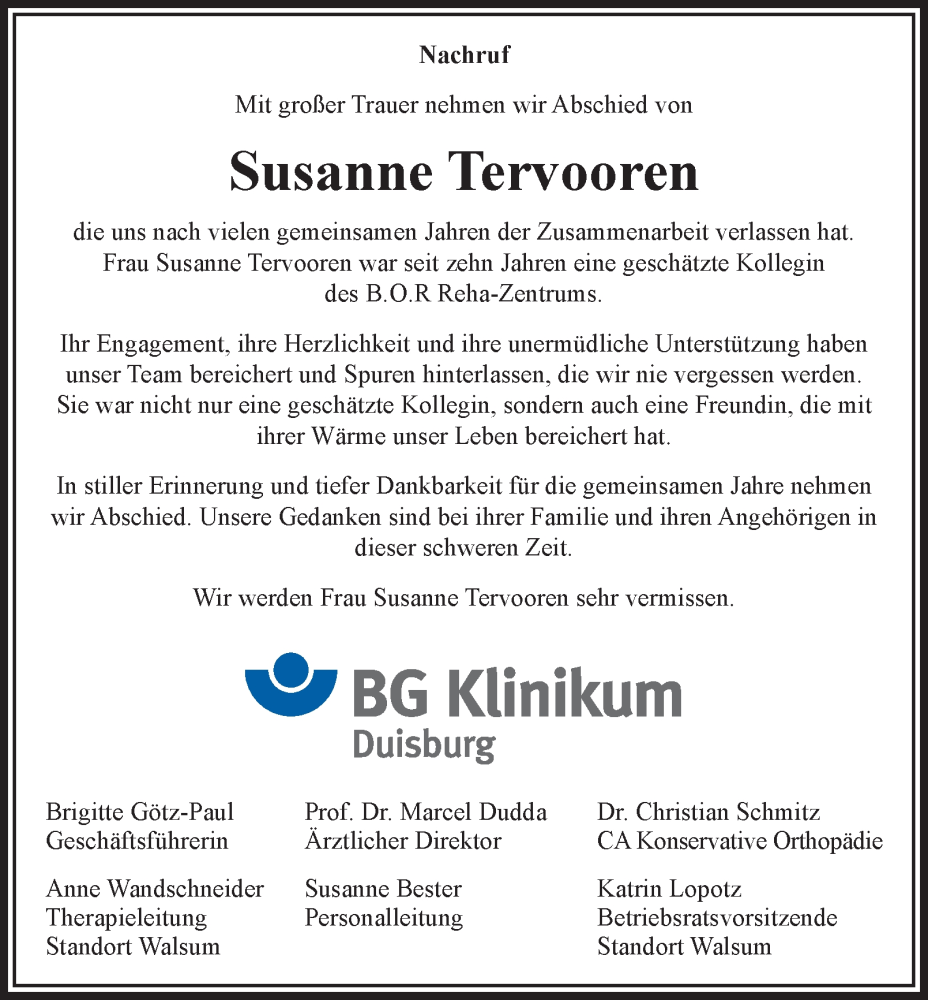  Traueranzeige für Susanne Tervooren vom 16.04.2025 aus Tageszeitung
