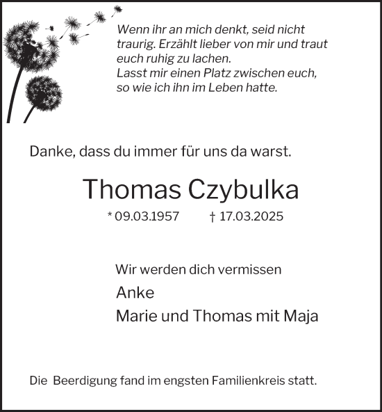 Traueranzeige von Thomas Czybulka von Tageszeitung