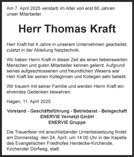 Traueranzeige von Thomas Kraft von Tageszeitung