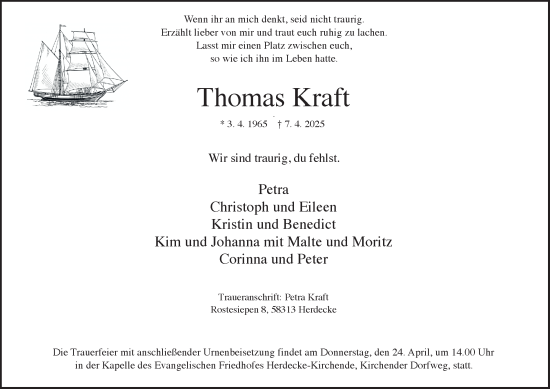 Traueranzeige von Thomas Kraft von Tageszeitung