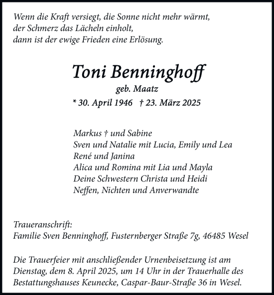 Traueranzeige von Toni Benninghoff von Tageszeitung