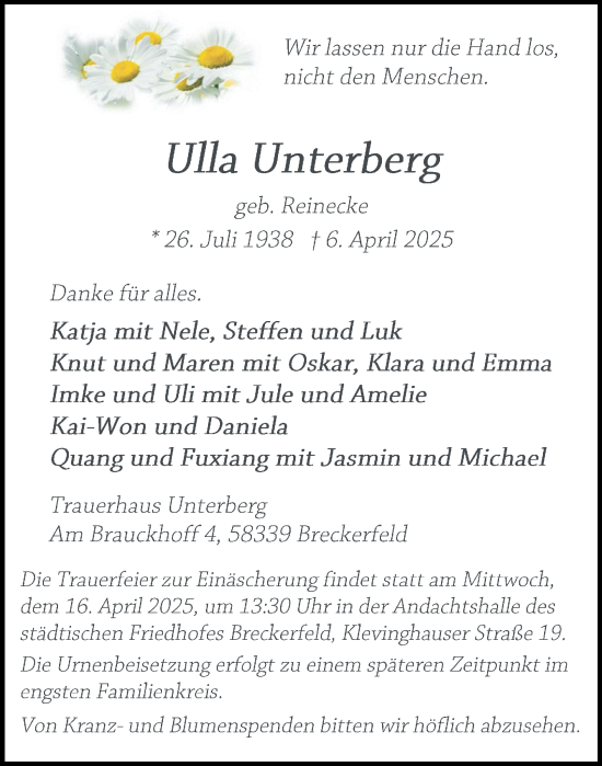 Traueranzeige von Ulla Unterberg von Tageszeitung
