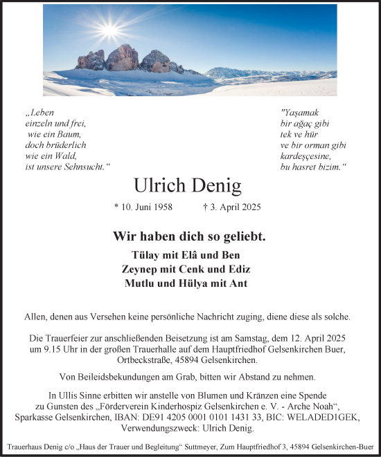 Traueranzeige von Ulrich Denig von Tageszeitung