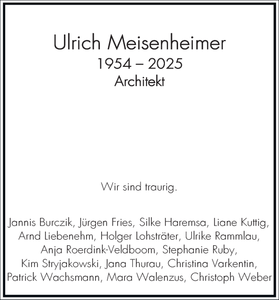 Traueranzeige von Ulrich Meisenheimer von Tageszeitung