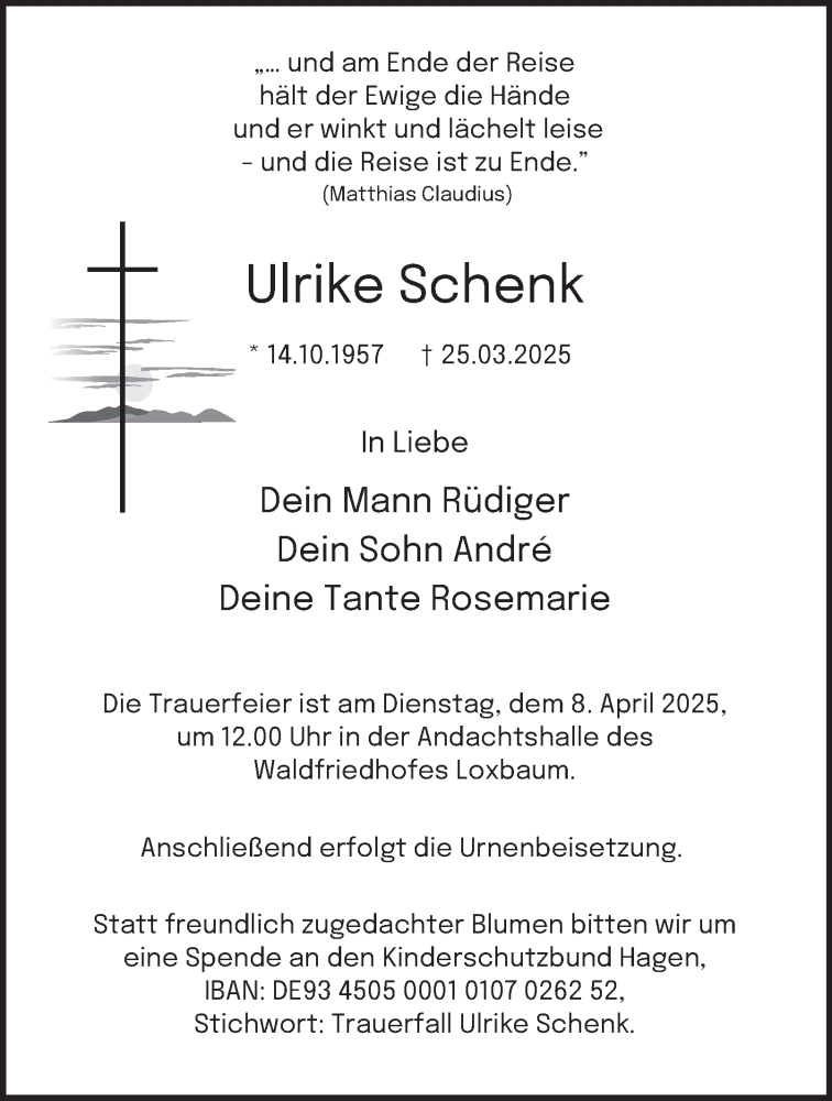  Traueranzeige für Ulrike Schenk vom 05.04.2025 aus Tageszeitung