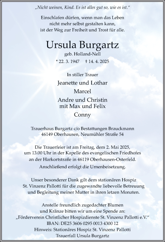 Traueranzeige von Ursula Burgartz von Tageszeitung