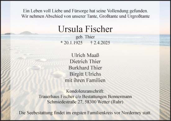Traueranzeige von Ursula Fischer von Tageszeitung