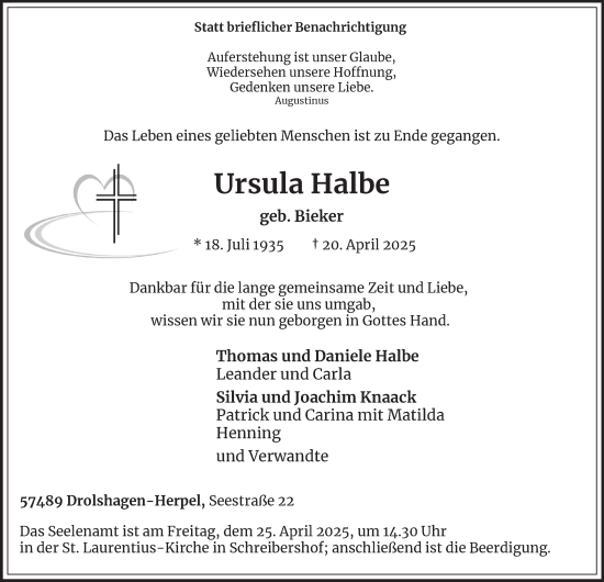 Traueranzeige von Ursula Halbe von Tageszeitung