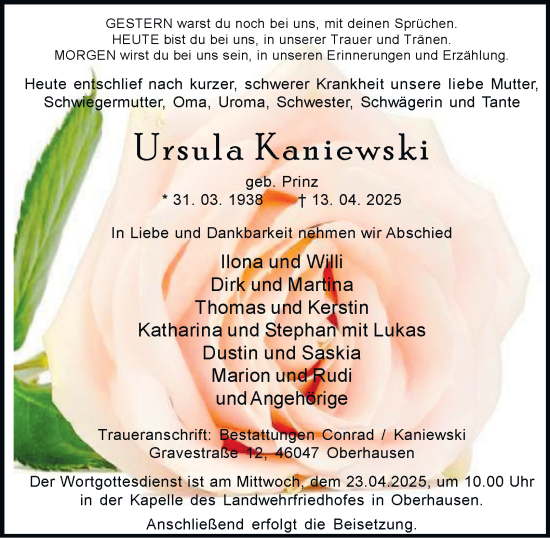 Traueranzeige von Ursula Kaniewski von Tageszeitung
