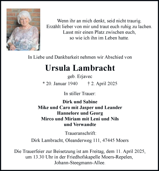 Traueranzeige von Ursula Lambracht von Tageszeitung