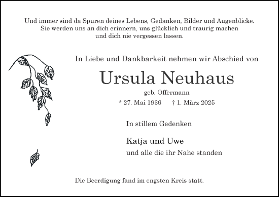 Traueranzeige von Ursula Neuhaus von Tageszeitung