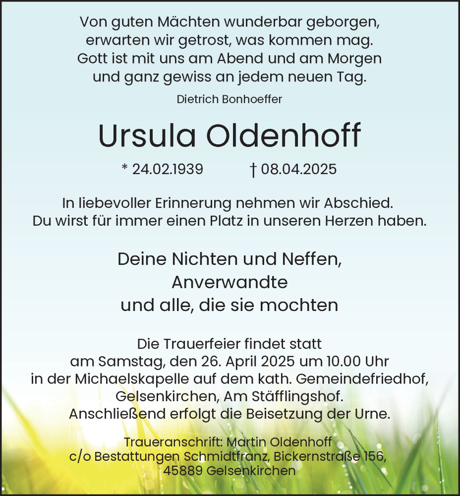  Traueranzeige für Ursula Oldenhoff vom 19.04.2025 aus Tageszeitung
