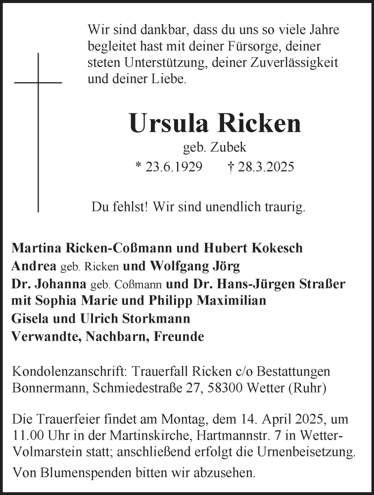  Traueranzeige für Ursula Ricken vom 05.04.2025 aus Tageszeitung