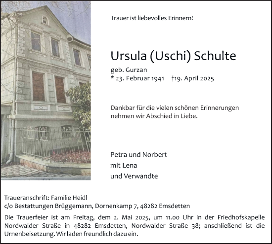 Traueranzeige von Ursula Schulte von Tageszeitung