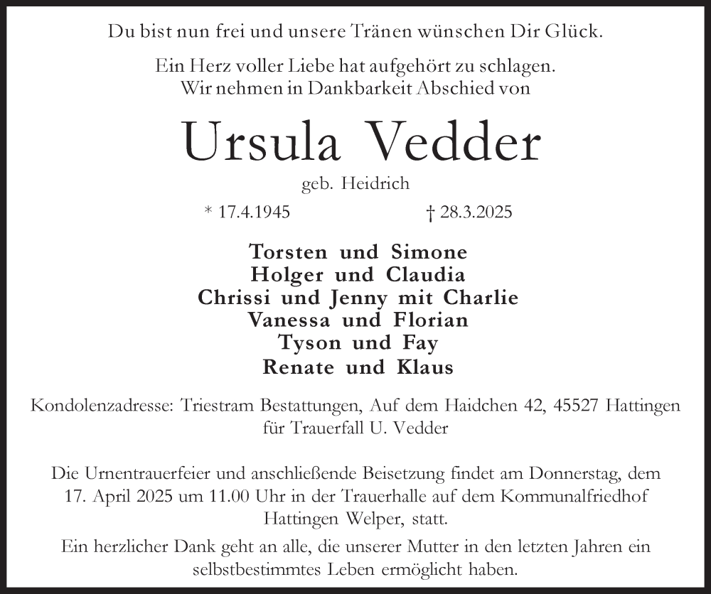  Traueranzeige für Ursula Vedder vom 05.04.2025 aus Tageszeitung