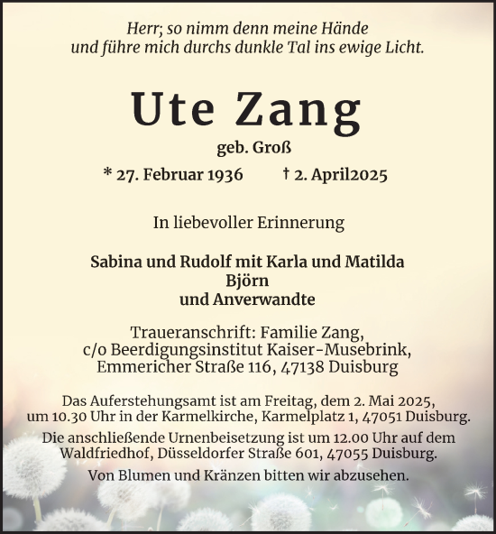 Traueranzeige von Ute Zang von Tageszeitung