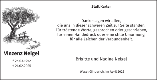 Traueranzeige von Vinzenz Neigel von Tageszeitung