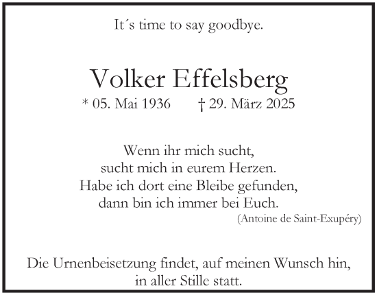 Traueranzeige von Volker Effelsberg von Tageszeitung