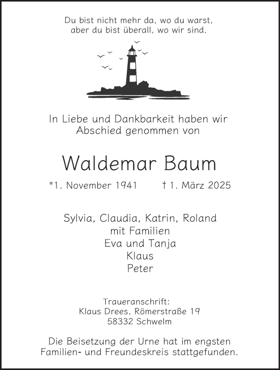 Traueranzeige von Waldemar Baum von Tageszeitung