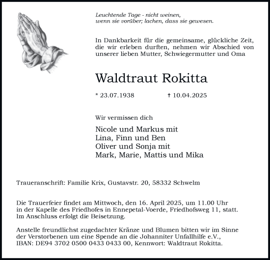 Traueranzeige von Waldtraut Rokitta von Tageszeitung