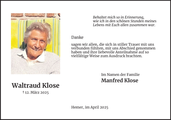 Traueranzeige von Waltraud Klose von Tageszeitung