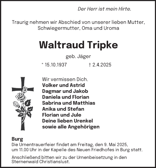 Traueranzeige von Waltraud Tripke von Tageszeitung