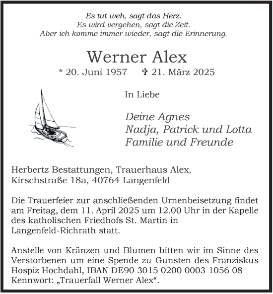 Traueranzeige von Werner Alex von Tageszeitung