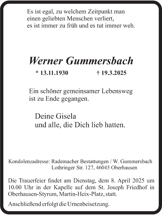 Traueranzeige von Werner Gummersbach von Tageszeitung