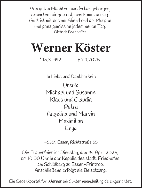 Traueranzeige von Werner Köster von Tageszeitung