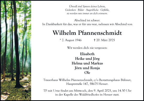 Traueranzeige von Wilhelm Pfannenschmidt von Tageszeitung
