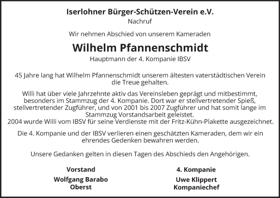 Traueranzeige von Wilhelm Pfannenschmidt von Tageszeitung