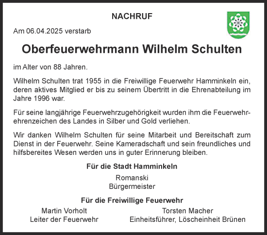 Traueranzeige von Wilhelm Schulten von Tageszeitung