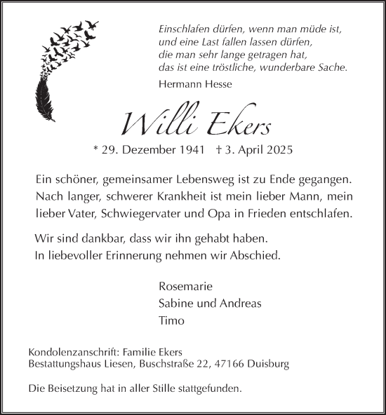 Traueranzeige von Willi Ekers von Tageszeitung