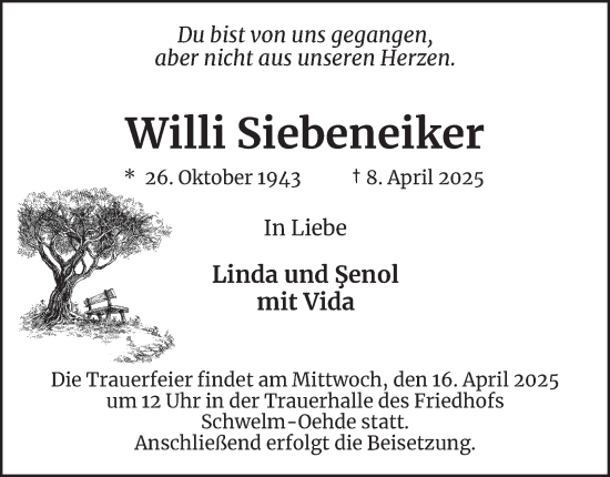 Traueranzeige von Willi Siebeneiker von Tageszeitung