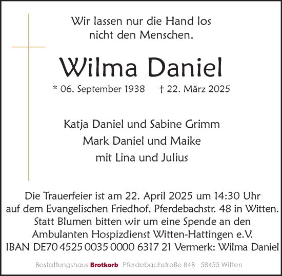 Traueranzeige von Wilma Daniel von Tageszeitung