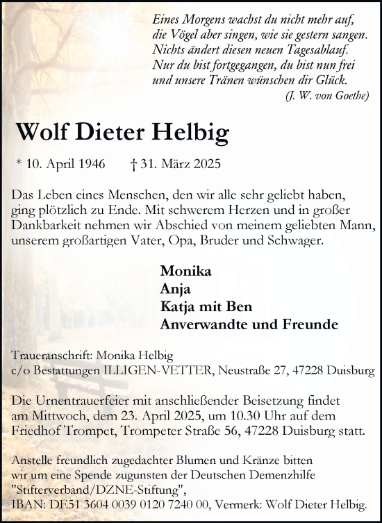 Traueranzeige von Wolf Dieter Helbig von Tageszeitung