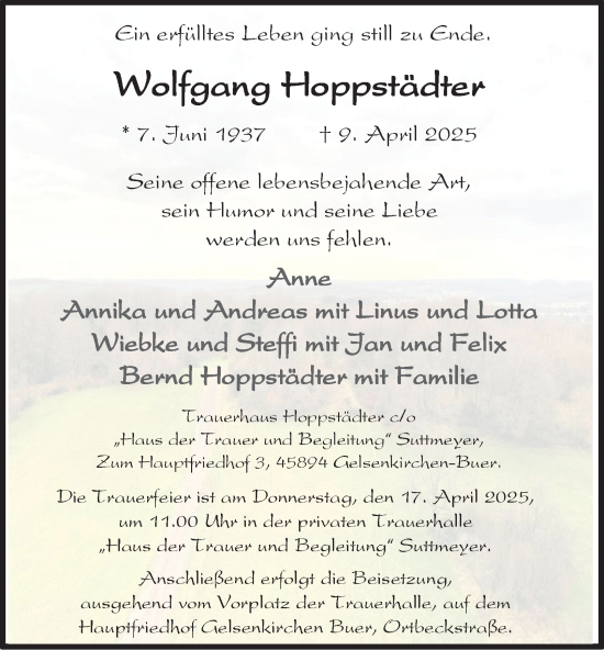 Traueranzeige von Wolfgang Hoppstädter von Tageszeitung