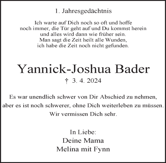 Traueranzeige von Yannick-Joshua Bader von Tageszeitung